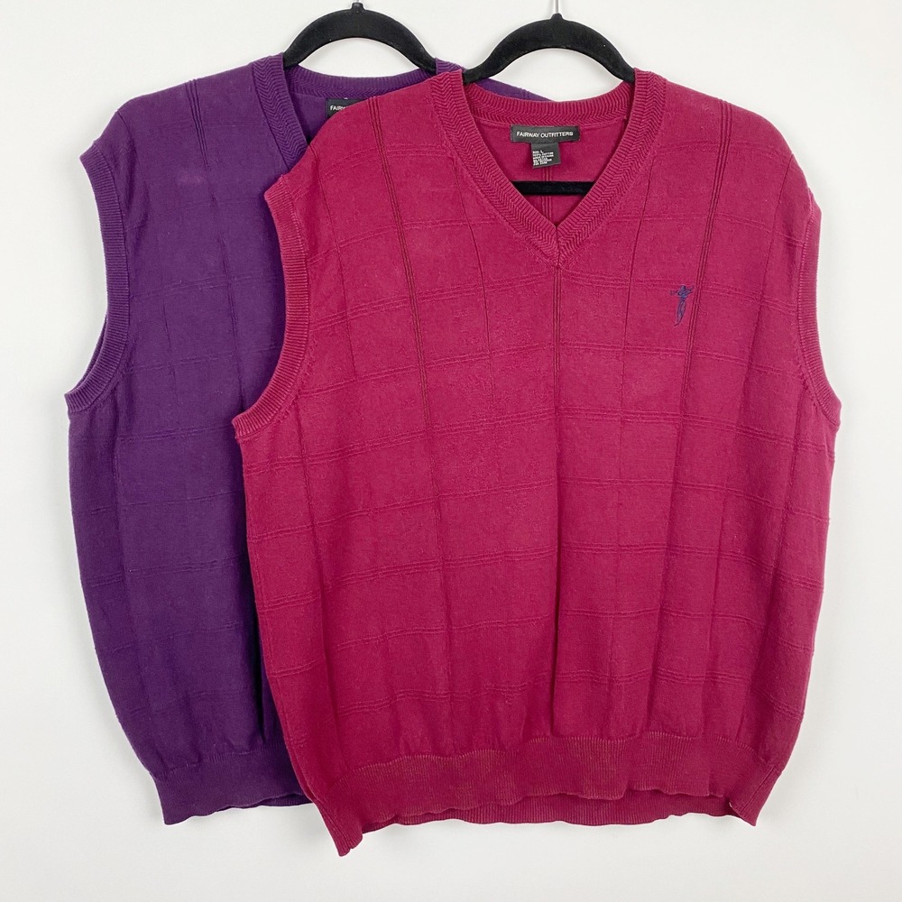 Lot of 2 Fairway Outfitters Cotton V-Neck Textured Golf Sweater Vest Mens L Golf